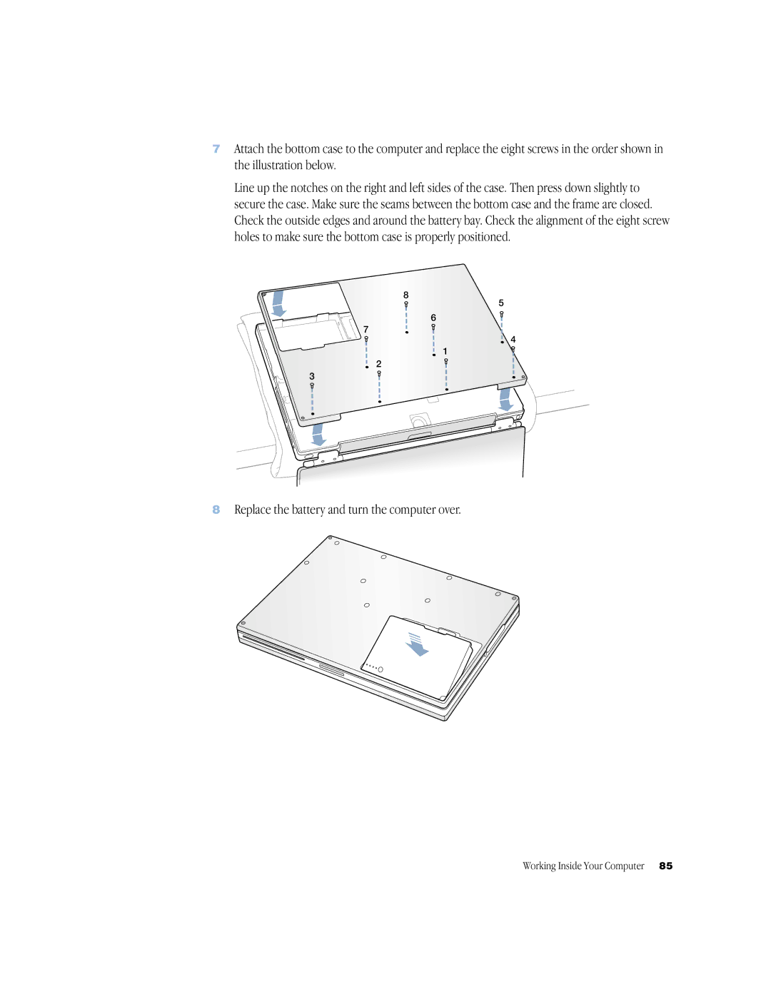 Apple BookG4 Computer manual Replace the battery and turn the computer over 