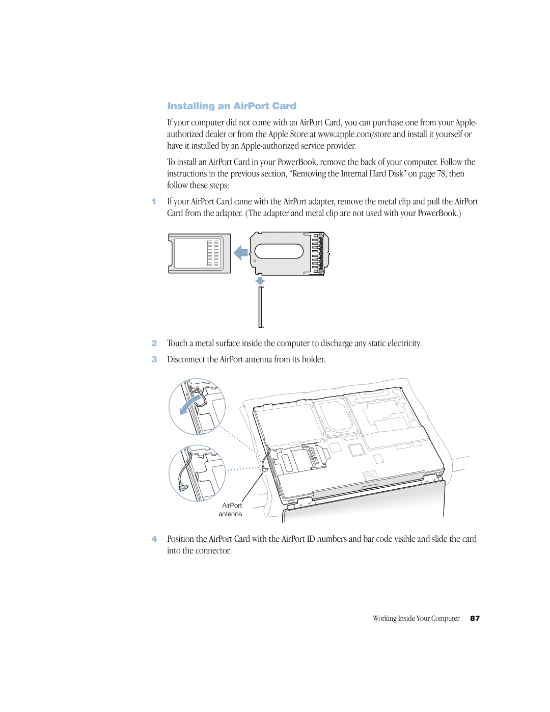 Apple BookG4 Computer manual Installing an AirPort Card 