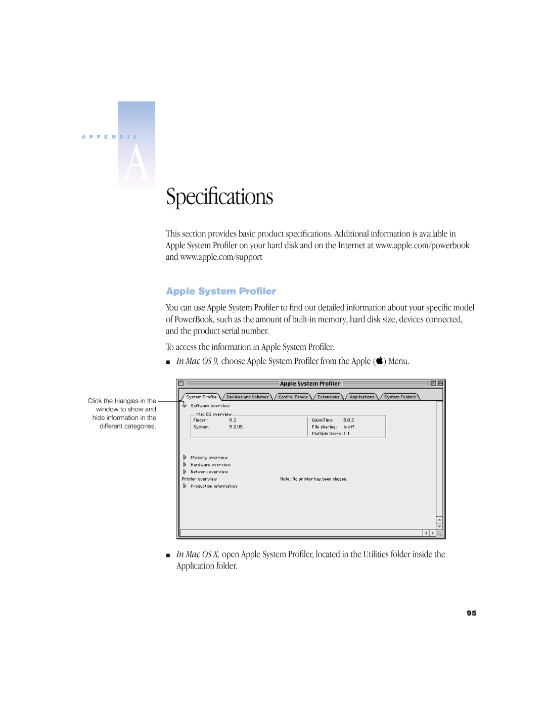 Apple BookG4 Computer manual Speciﬁcations, Apple System Profiler 