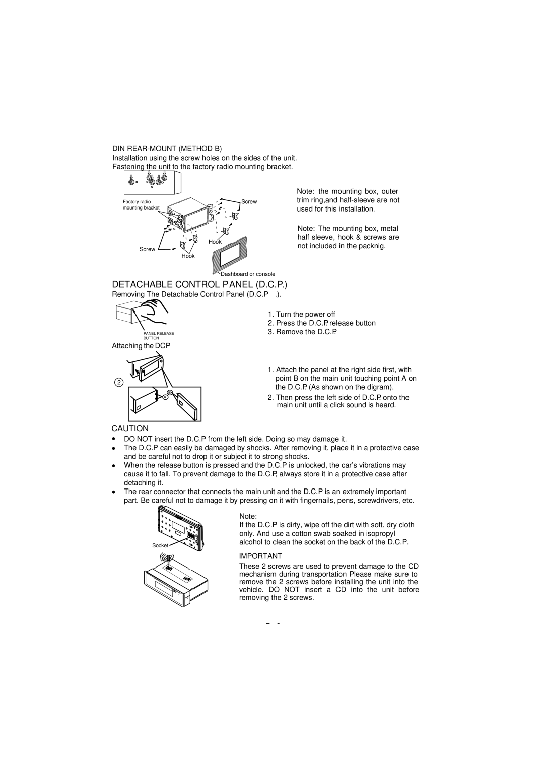 Apple BV9150 user manual Detachable Control Panel D.C.P, DIN REAR-MOUNT Method B 