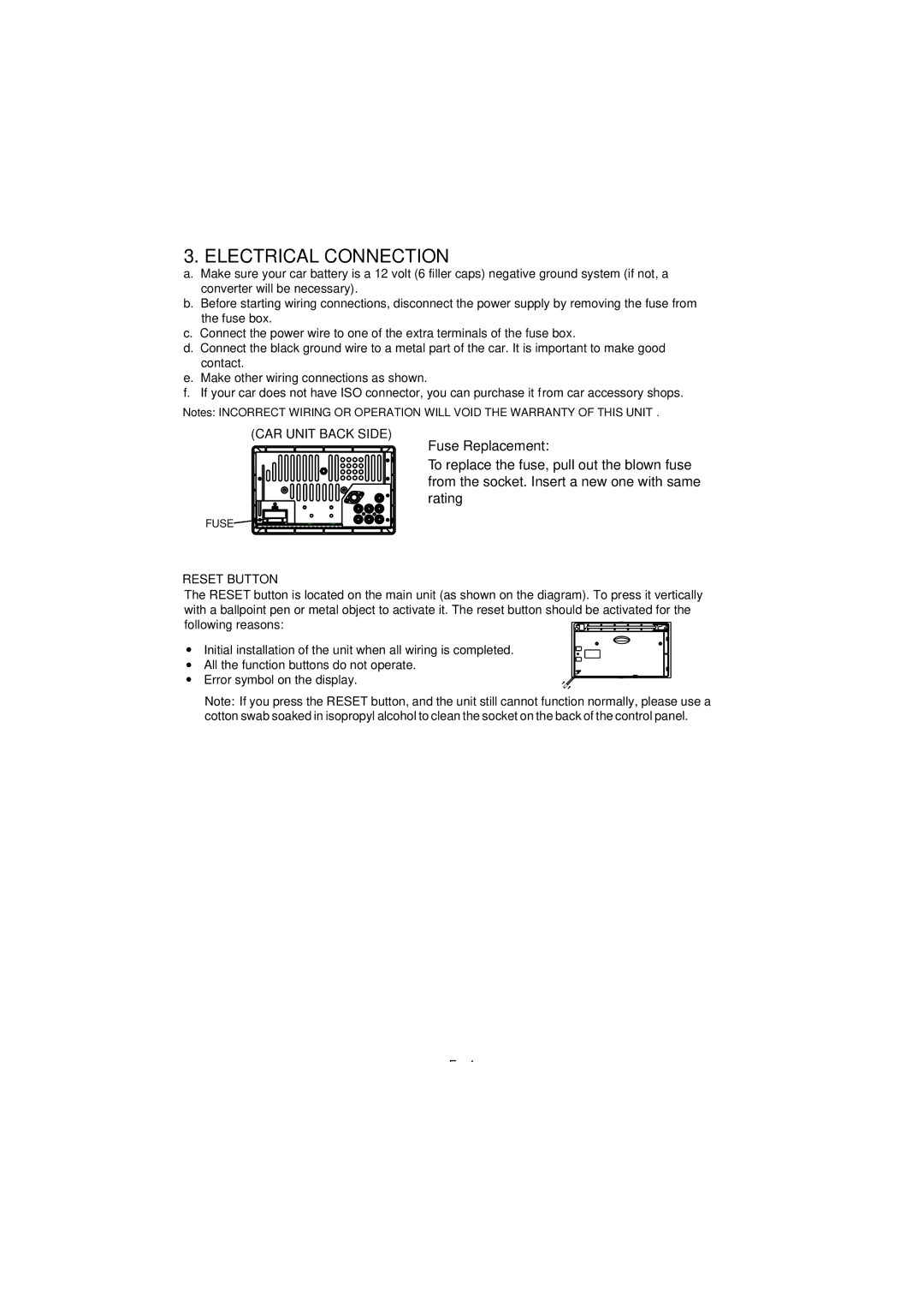 Apple BV9150 user manual Electrical Connection, CAR Unit Back Side, Reset Button 