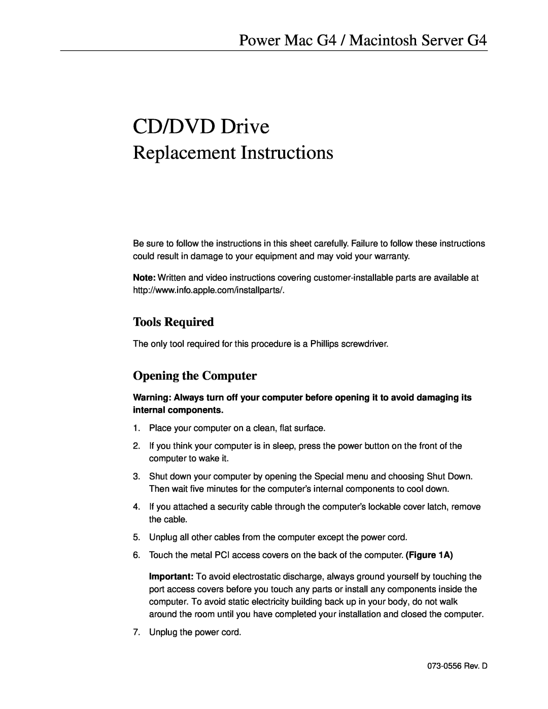 Apple CD/DVD Drive warranty Tools Required, Opening the Computer, Replacement Instructions 