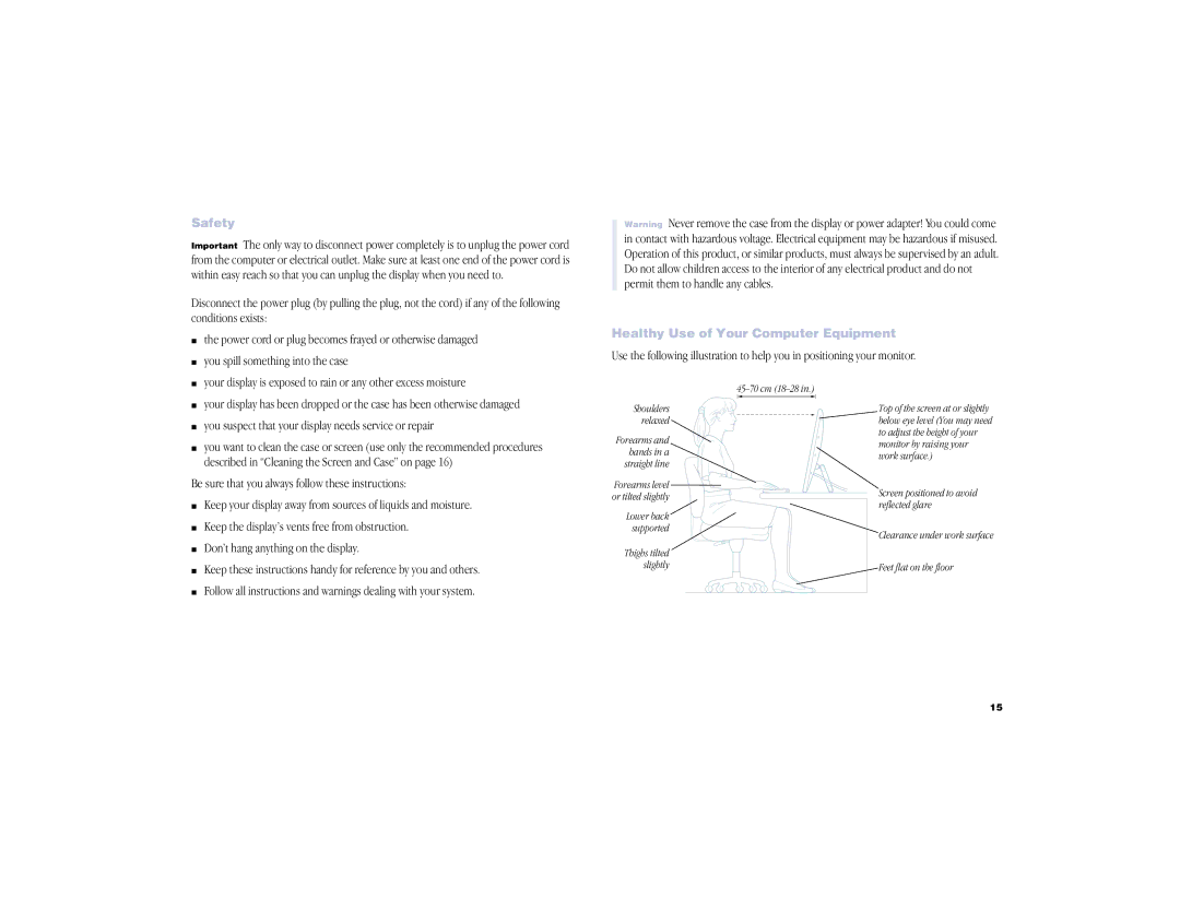 Apple Cinema Display manual Safety, Healthy Use of Your Computer Equipment 