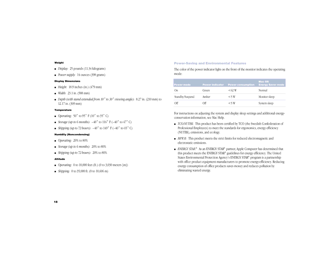 Apple Cinema Display manual Height 18.9 inches in mm Width 23.1 in mm 