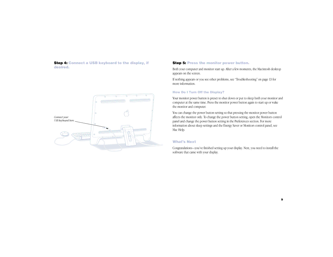 Apple Cinema Display manual Connect a USB keyboard to the display, if desired, Press the monitor power button, What’s Next 