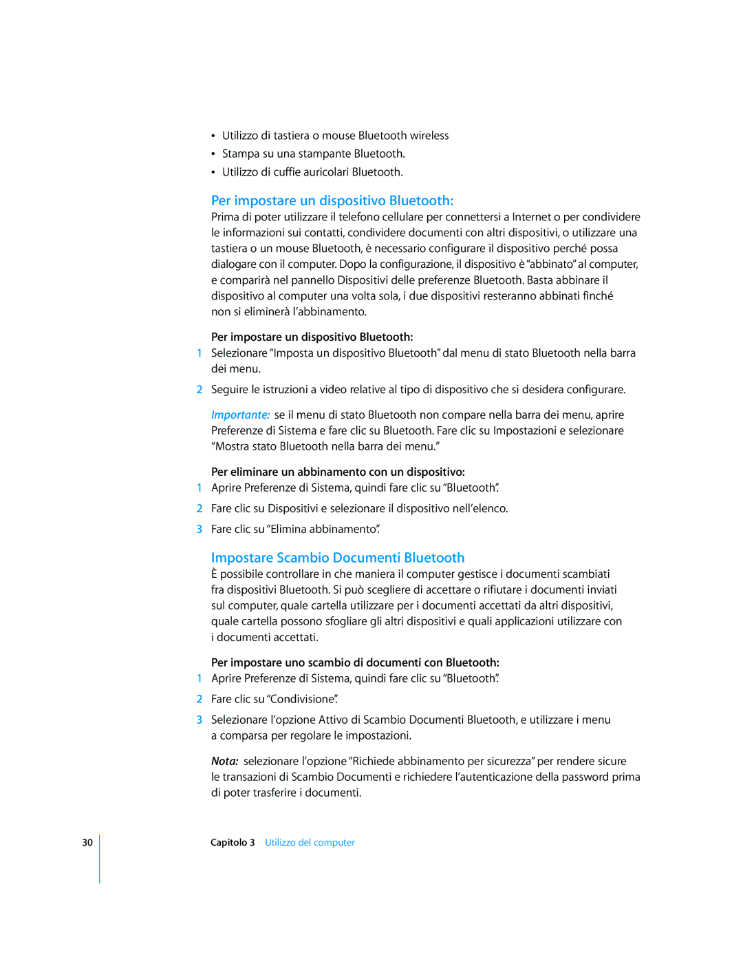 Apple Computer Accessories manual Per impostare un dispositivo Bluetooth, Impostare Scambio Documenti Bluetooth 
