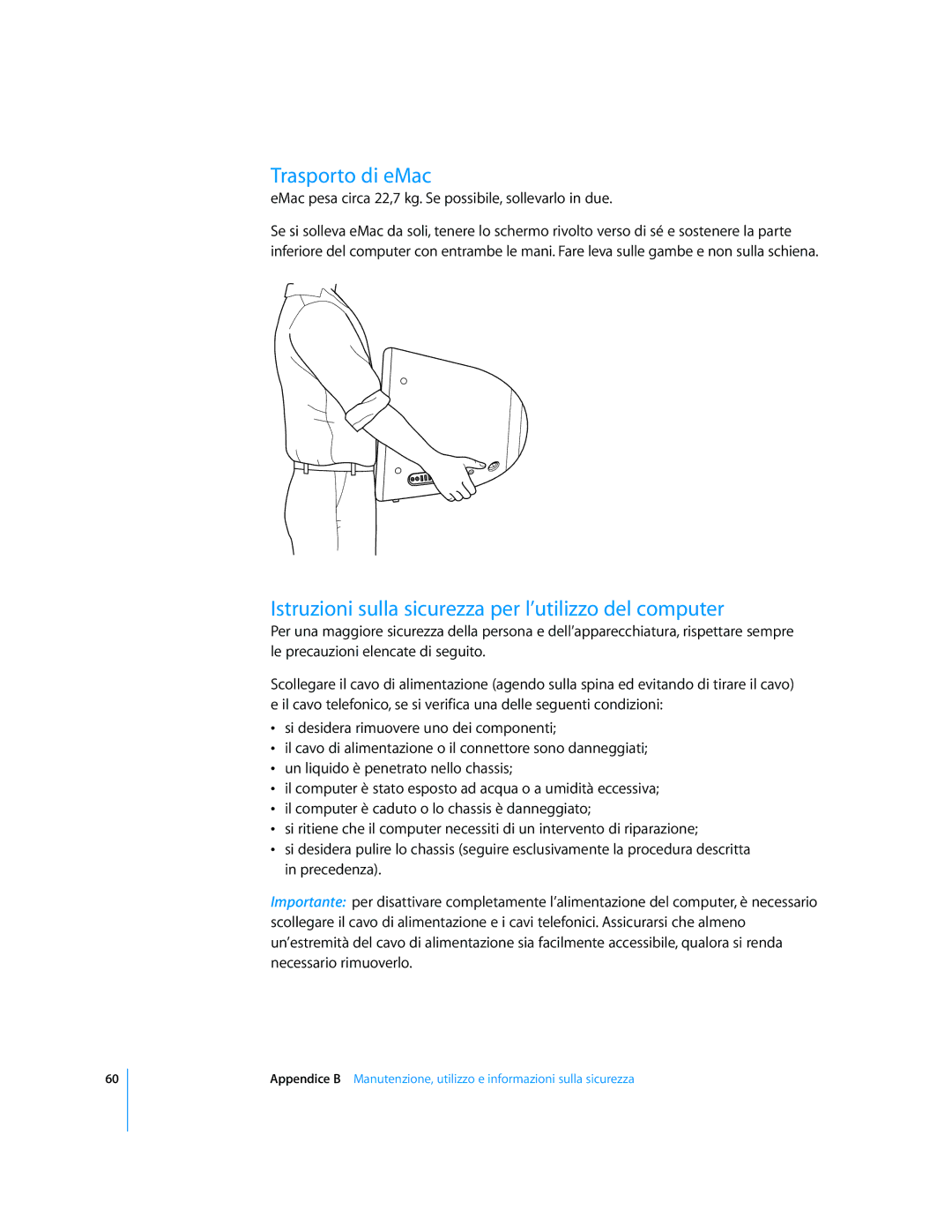 Apple Computer Accessories manual Trasporto di eMac, Istruzioni sulla sicurezza per l’utilizzo del computer 