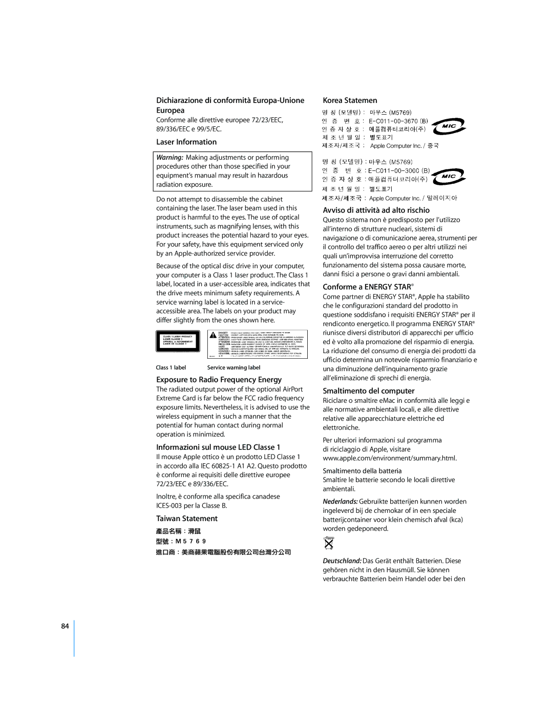 Apple Computer Accessories manual Dichiarazione di conformità Europa-Unione Europea 