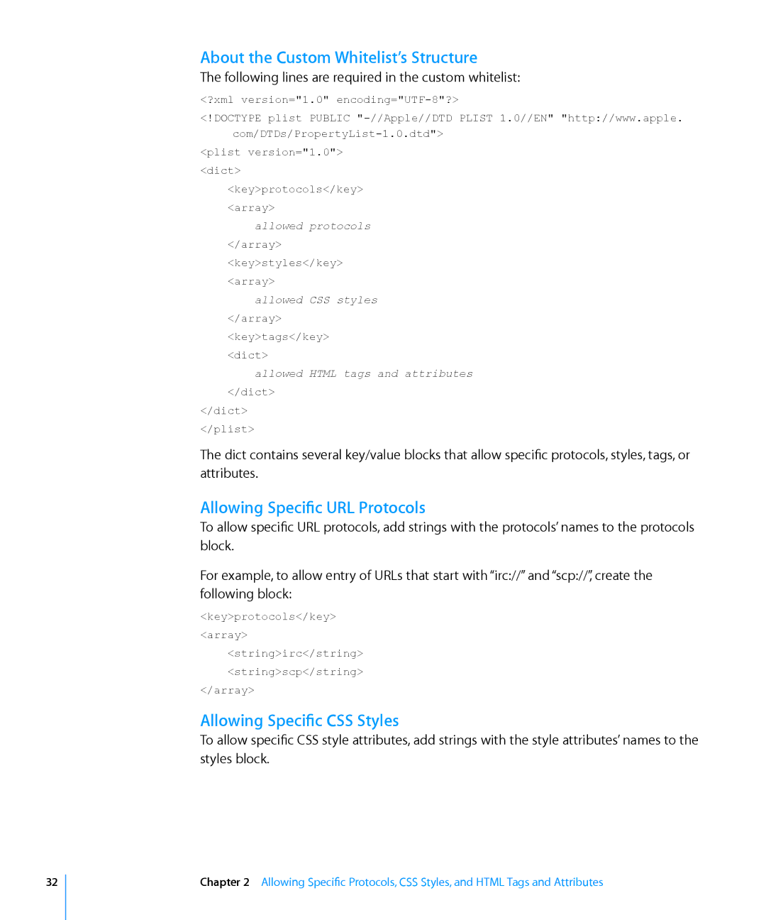 Apple Computer Hardware manual About the Custom Whitelist’s Structure, Allowing Specific URL Protocols 