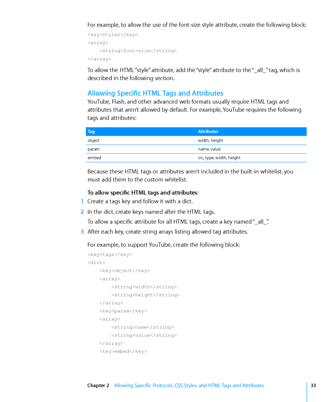 Apple Computer Hardware manual Allowing Specific Html Tags and Attributes, To allow specific Html tags and attributes 