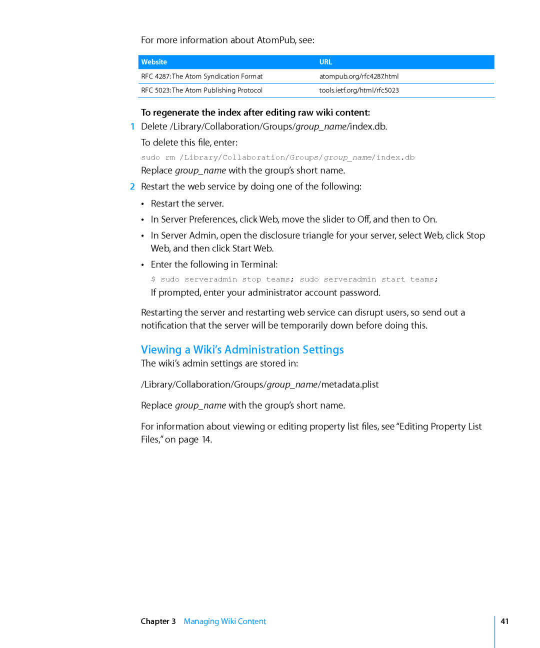 Apple Computer Hardware manual Viewing a Wiki’s Administration Settings, For more information about AtomPub, see 