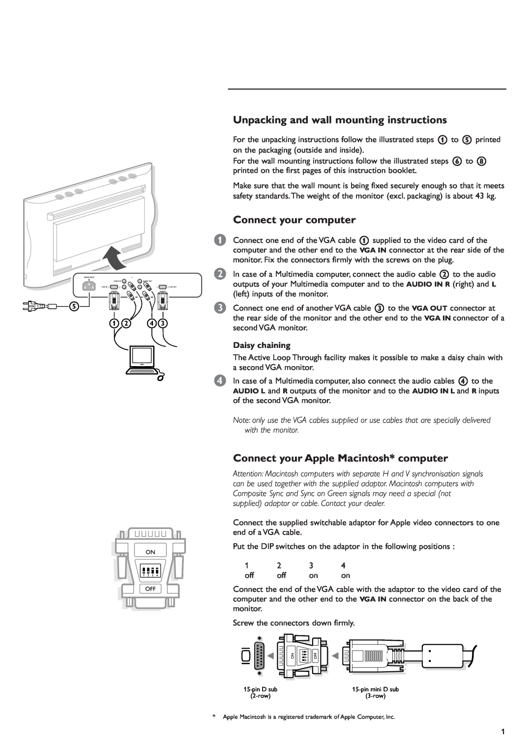 Apple Computer Monitor manual Unpacking and wall mounting instructions, Connect your computer 