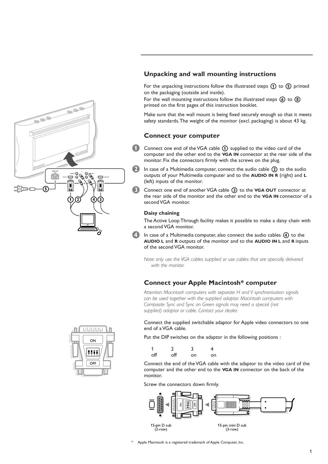 Apple Computer Monitor manual Unpacking and wall mounting instructions, Connect your computer, Daisy chaining 