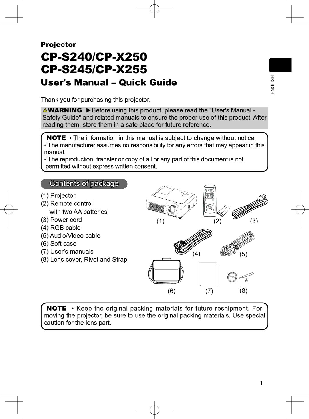 Apple user manual CP-S240/CP-X250 CP-S245/CP-X255, Contents of package 