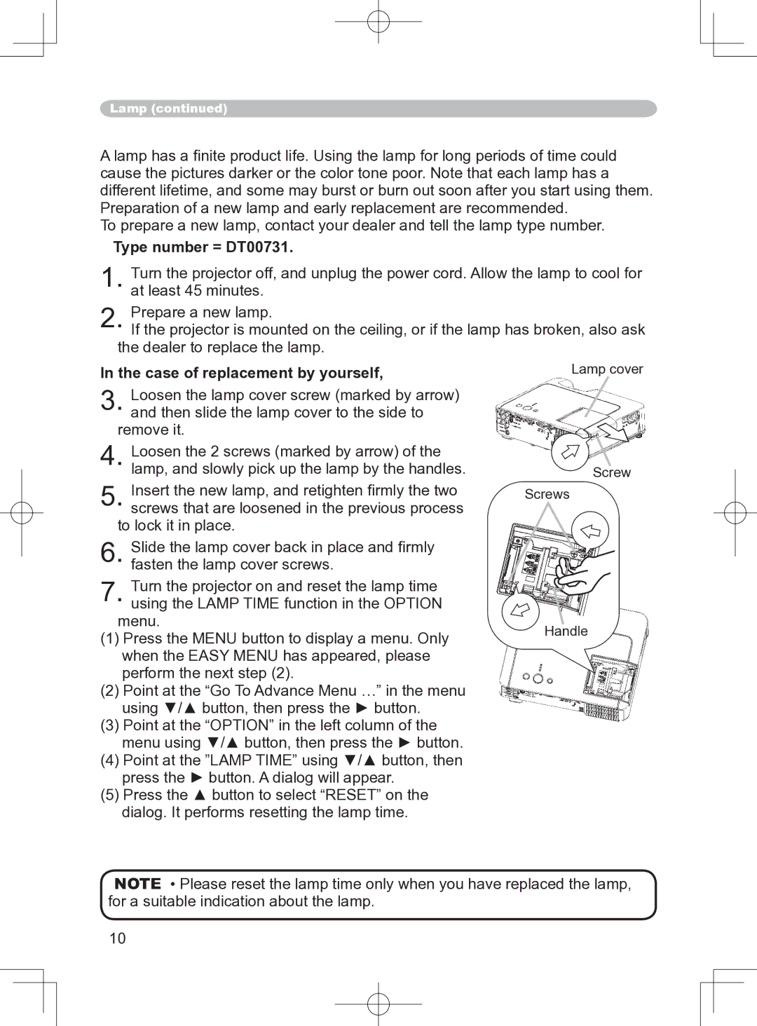 Apple CP-X255, CP-S240, CP-X250, CP-S245 user manual Type number = DT00731, Case of replacement by yourself 