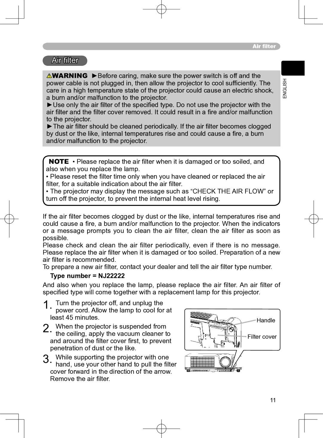 Apple CP-S245, CP-S240, CP-X250, CP-X255 user manual Air ﬁlter, Type number = NJ22222 