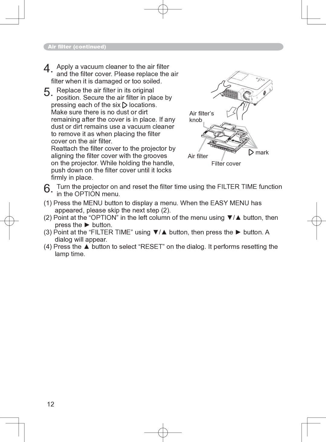 Apple CP-S240, CP-X250, CP-X255, CP-S245 user manual Air ﬁlter’s knob 