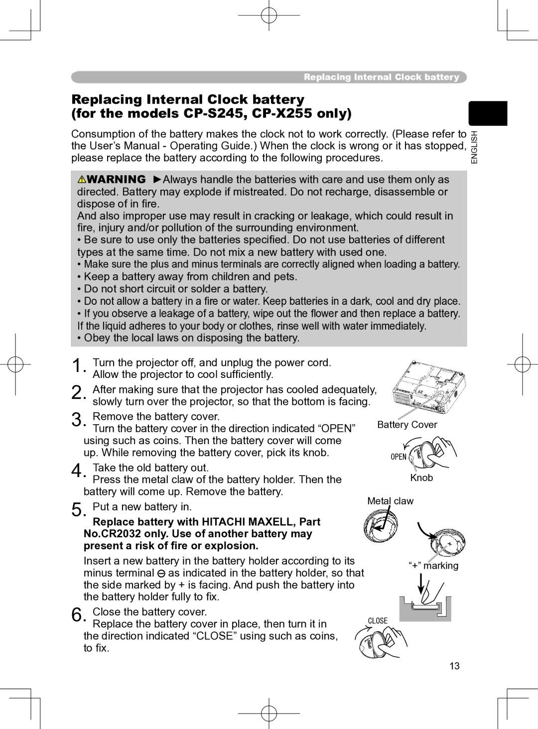 Apple CP-X250, CP-S240, CP-X255, CP-S245 user manual Battery Cover 