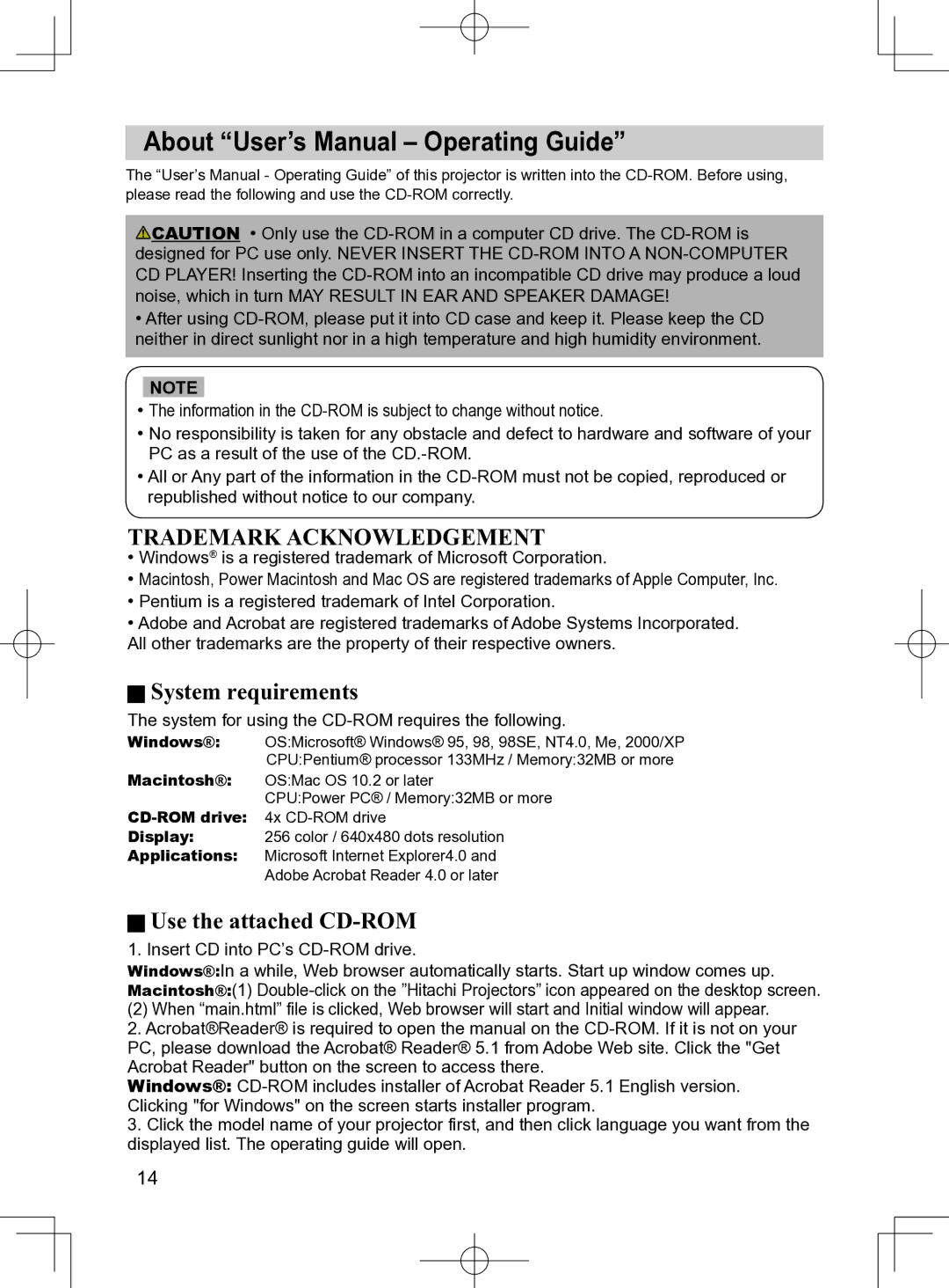 Apple CP-X255, CP-S240, CP-X250, CP-S245 user manual About User’s Manual Operating Guide 