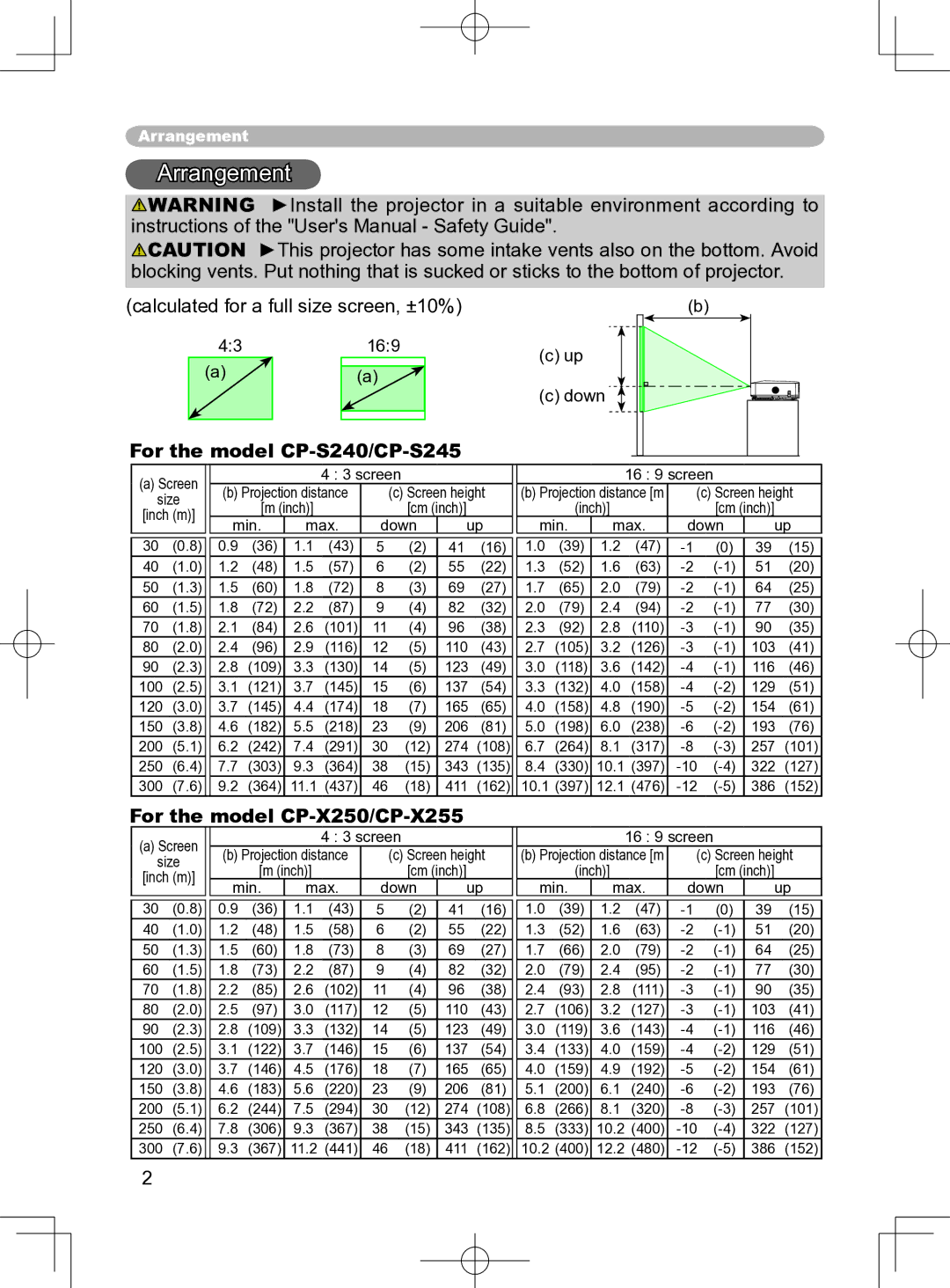 Apple user manual Arrangement, For the model CP-S240/CP-S245, For the model CP-X250/CP-X255 