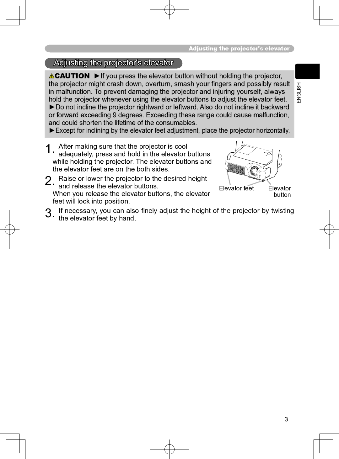 Apple CP-S245, CP-S240, CP-X250, CP-X255 user manual Adjusting the projectors elevator 