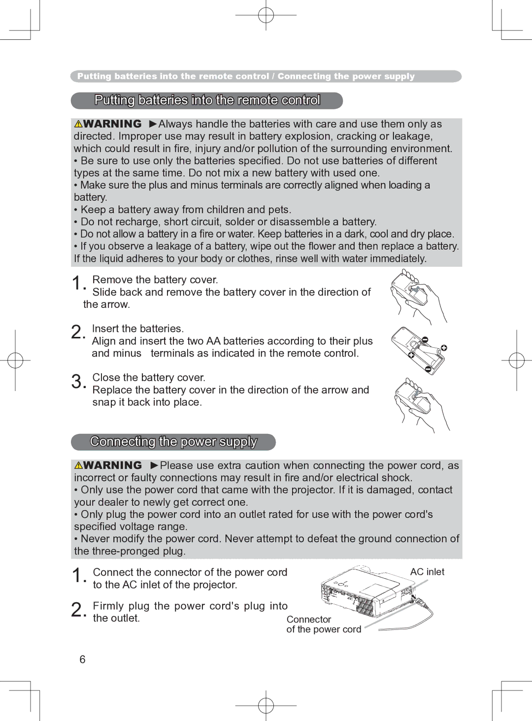 Apple CP-X255, CP-S240, CP-X250, CP-S245 user manual Putting batteries into the remote control, Connecting the power supply 