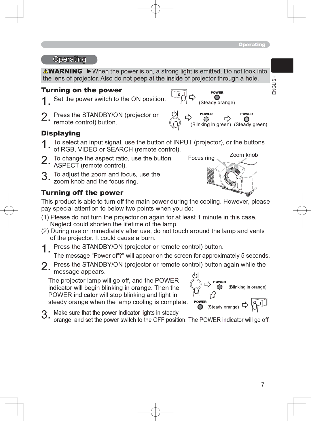 Apple CP-S245, CP-S240, CP-X250, CP-X255 user manual Operating, Turning on the power 