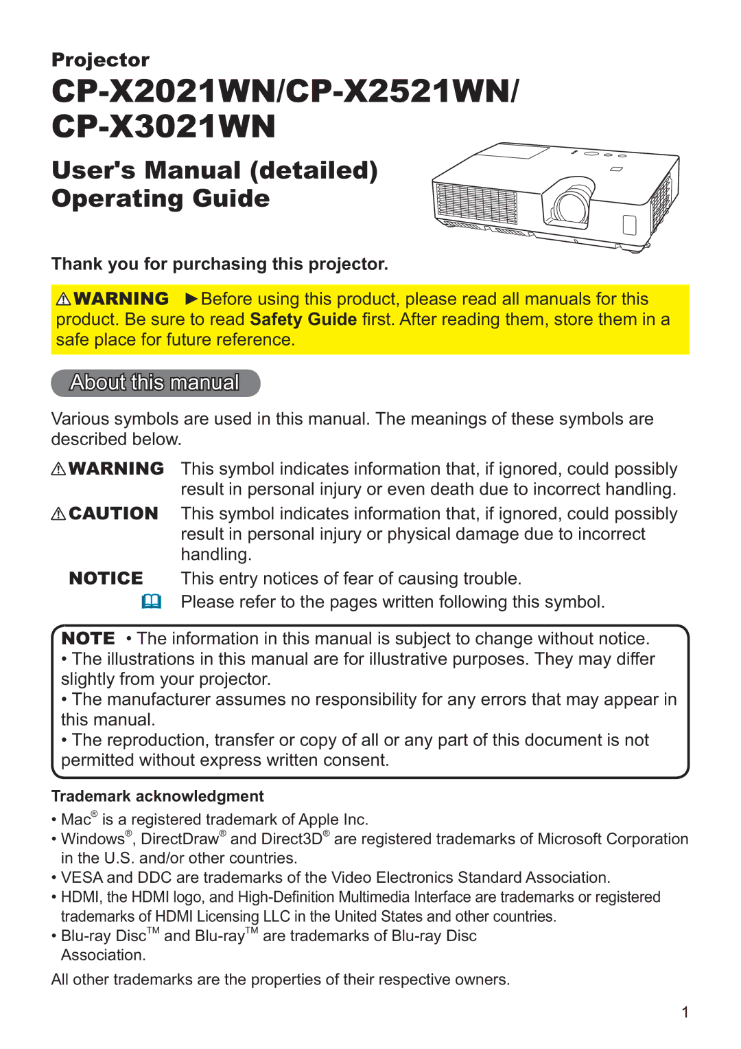 Apple CP-X3021WN user manual About this manual, Thank you for purchasing this projector, Trademark acknowledgment 