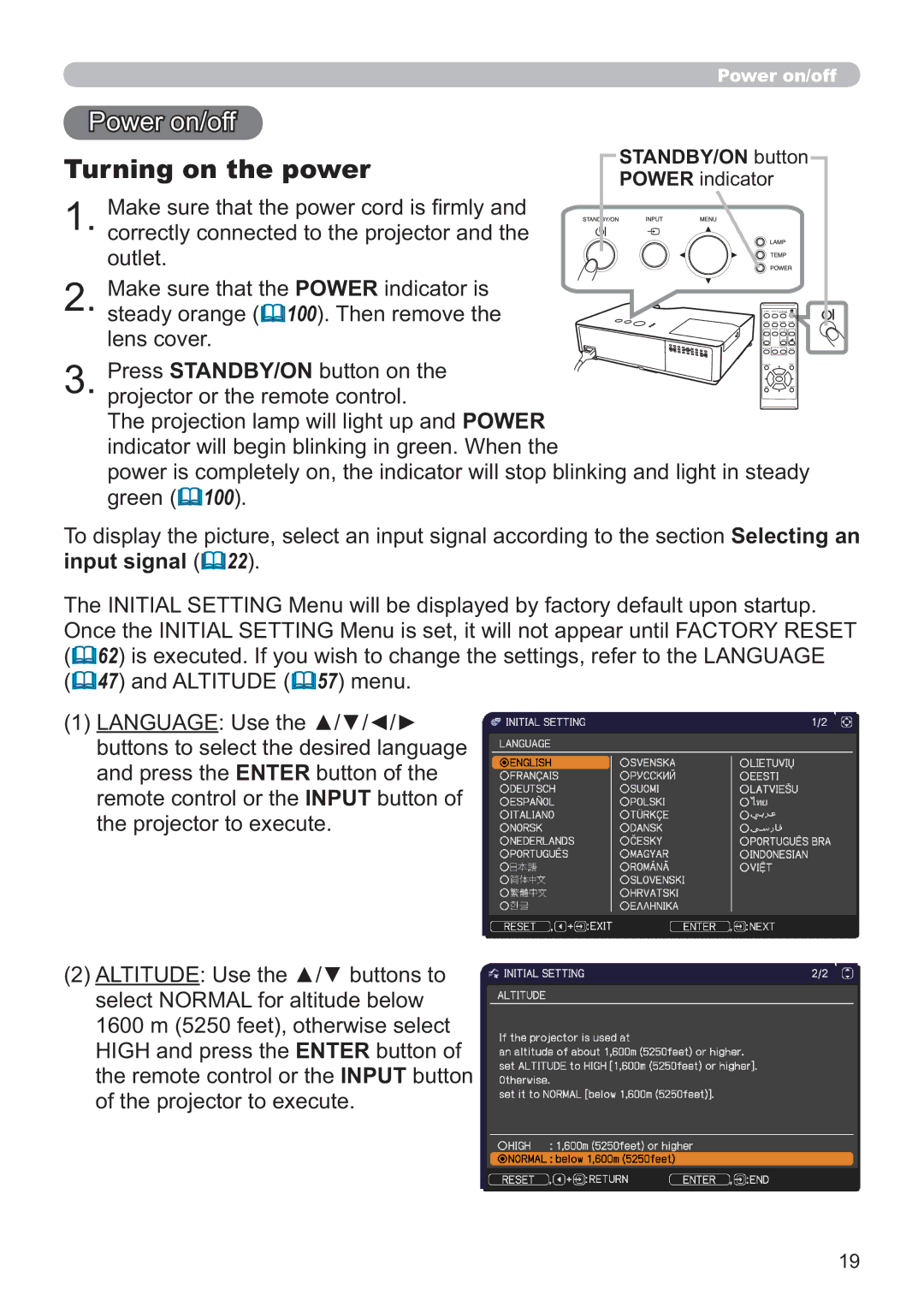 Apple CP-X3021WN, CP-X2521WN, CP-X2021WN user manual Power on/off, Turning on the power, STANDBY/ON button Power indicator 