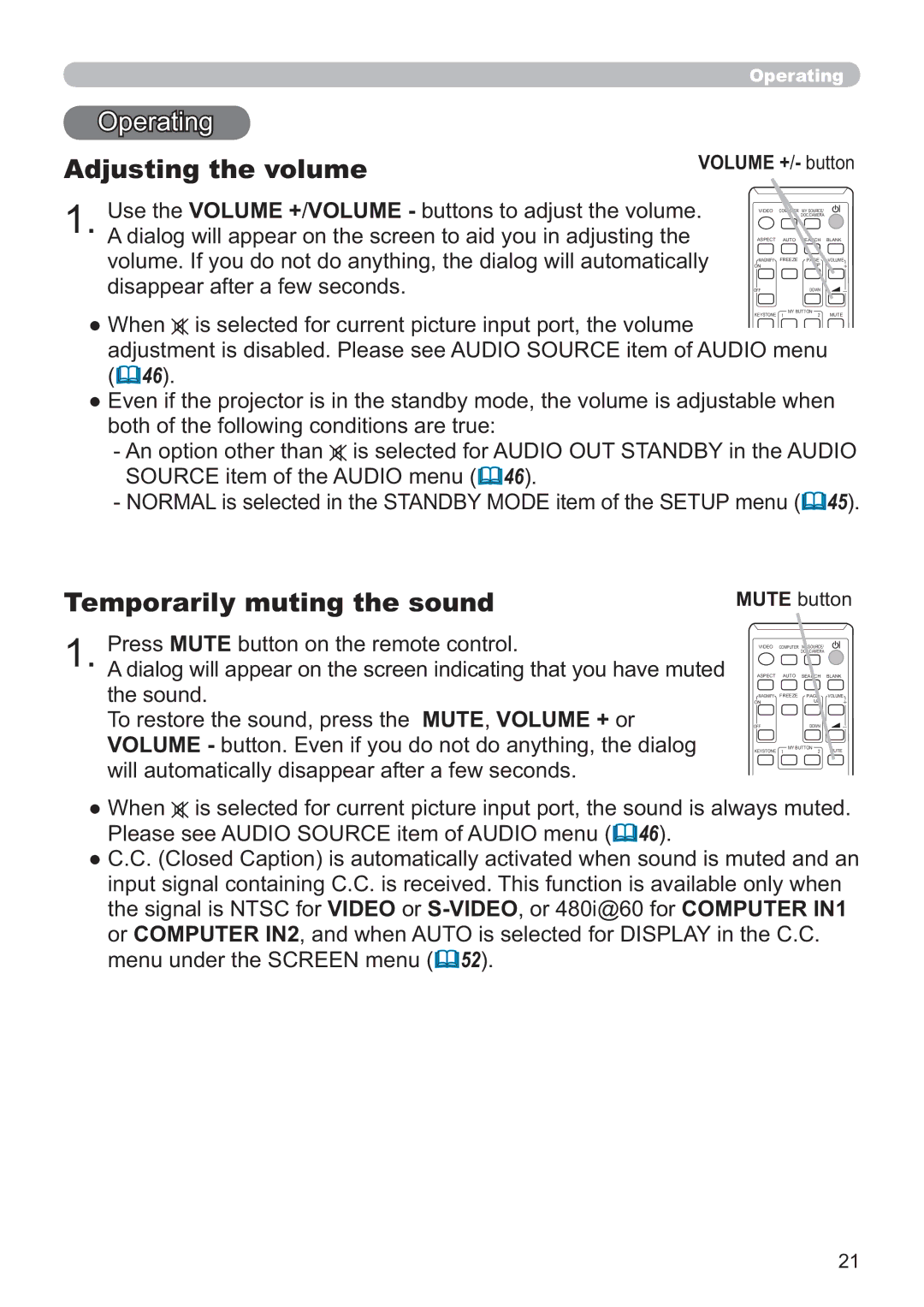 Apple CP-X2521WN, CP-X3021WN, CP-X2021WN Operating, Adjusting the volume, Temporarily muting the sound, Volume +/- button 