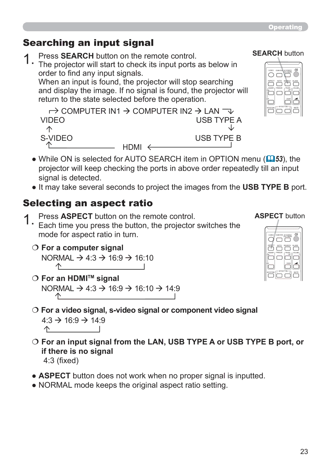 Apple CP-X2021WN Searching an input signal, Selecting an aspect ratio, For an Hdmitm signal, Search button, Aspect button 