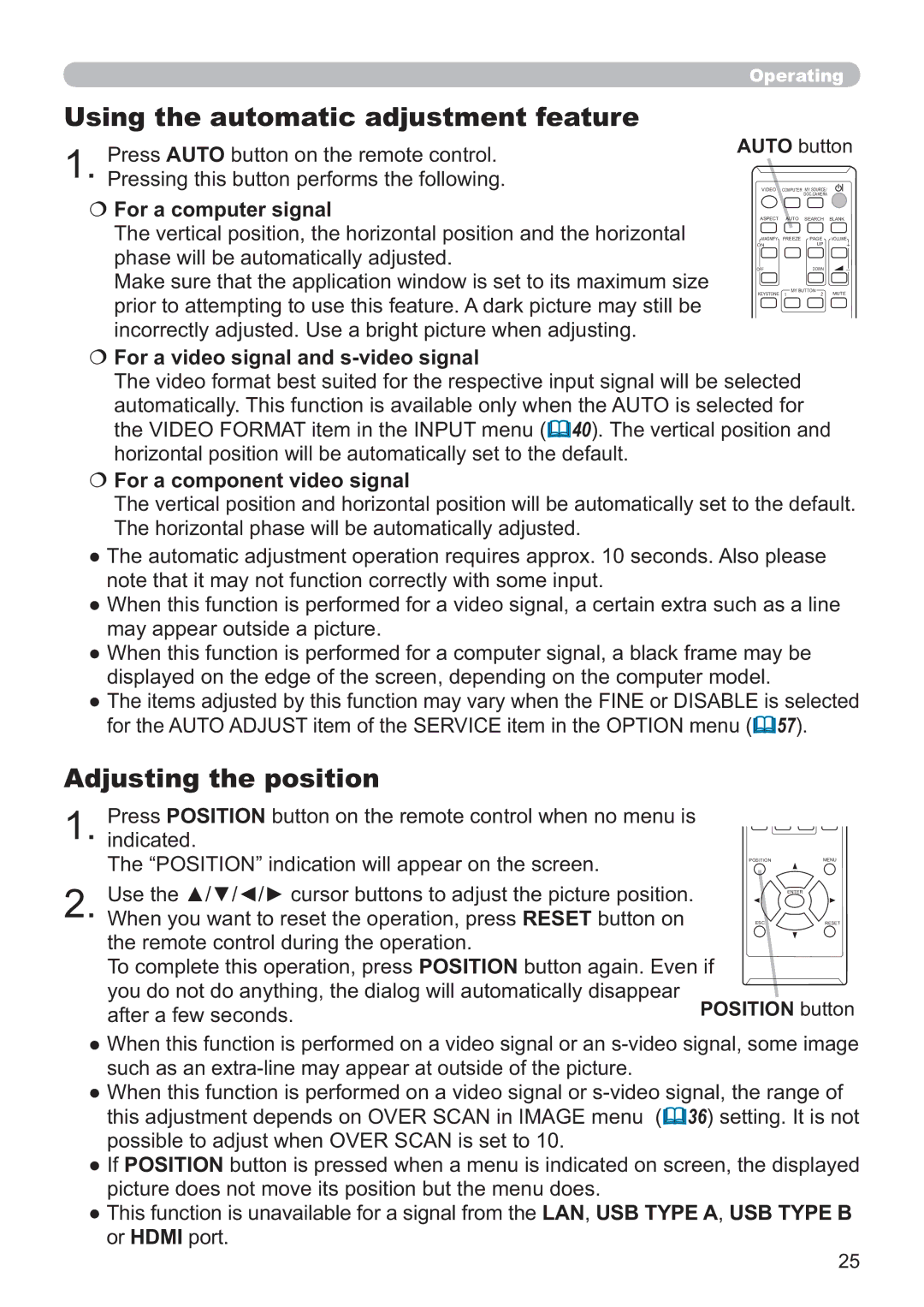 Apple CP-X3021WN, CP-X2521WN, CP-X2021WN user manual Using the automatic adjustment feature, Adjusting the position 