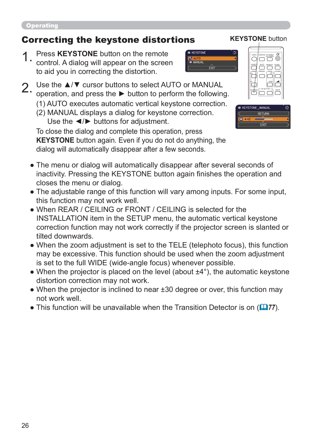 Apple CP-X2021WN, CP-X2521WN, CP-X3021WN user manual Correcting the keystone distortions, Keystone button 