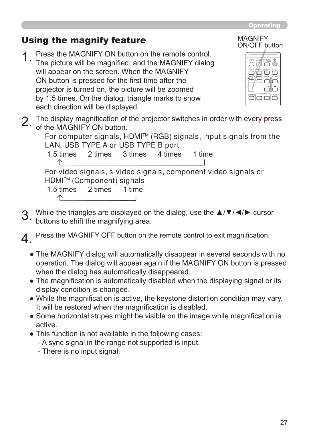 Apple CP-X2521WN, CP-X3021WN, CP-X2021WN user manual Using the magnify feature, Magnify ON/OFF button 