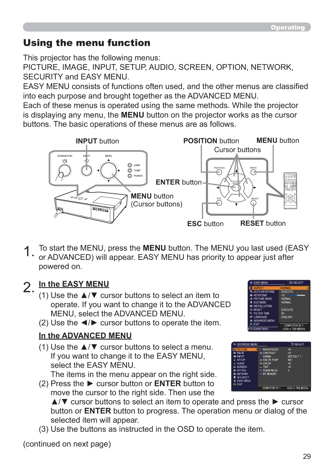 Apple CP-X2021WN, CP-X2521WN, CP-X3021WN user manual Using the menu function, Easy Menu, Advanced Menu 