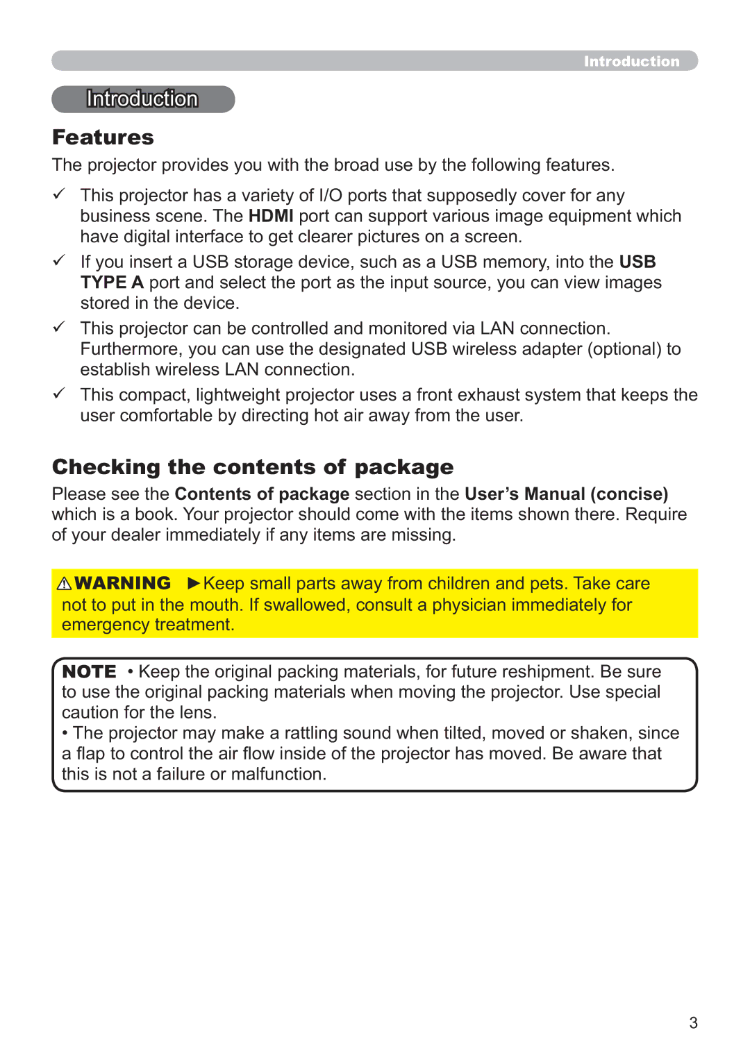 Apple CP-X2521WN, CP-X3021WN, CP-X2021WN user manual Features, Checking the contents of package 