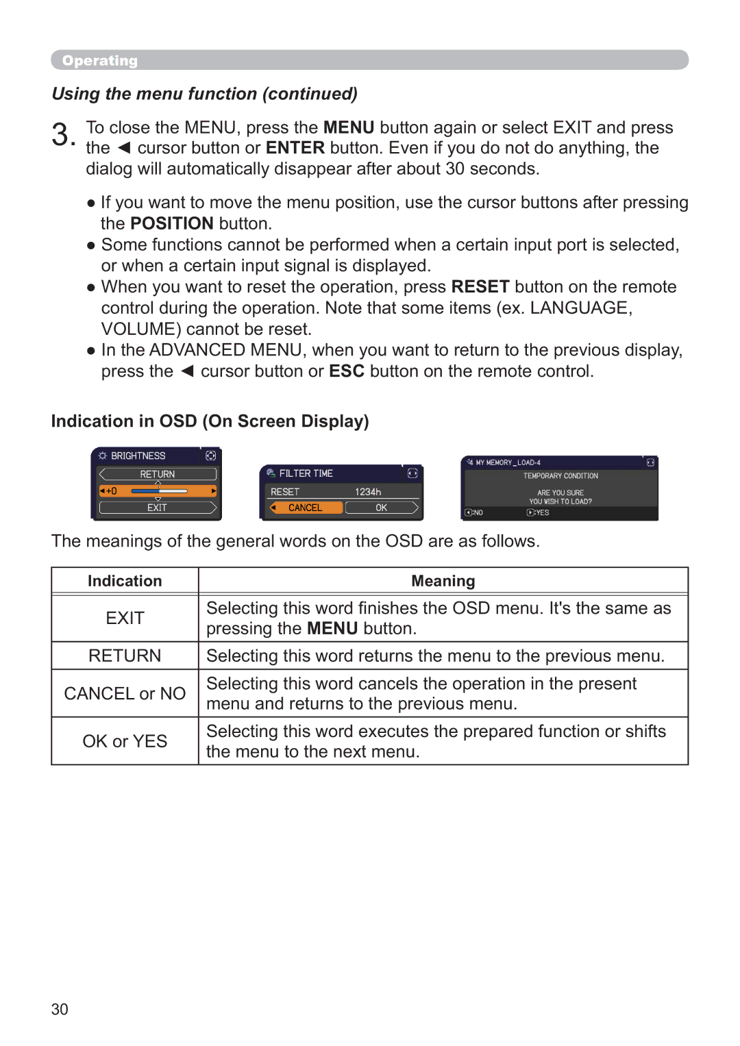 Apple CP-X2521WN, CP-X3021WN, CP-X2021WN user manual Indication in OSD On Screen Display, Indication Meaning 