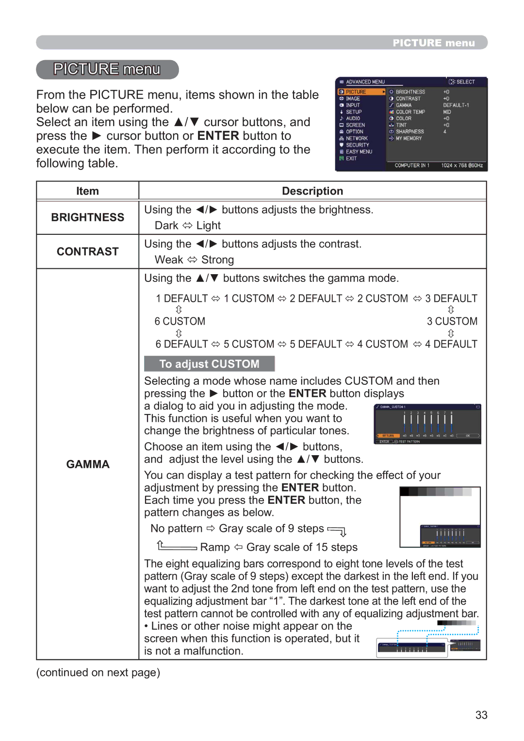 Apple CP-X2521WN, CP-X3021WN, CP-X2021WN user manual Picture menu, Brightness, Contrast, Gamma 