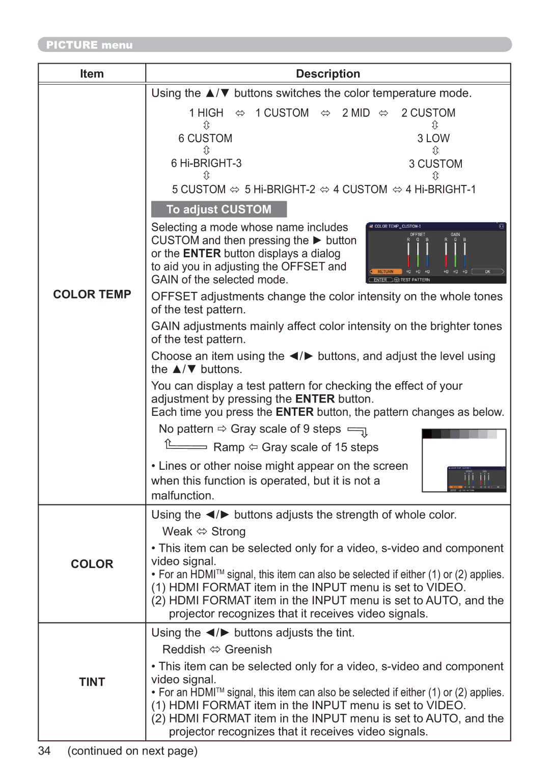 Apple CP-X3021WN, CP-X2521WN, CP-X2021WN user manual Custom, Color Temp, Tint 