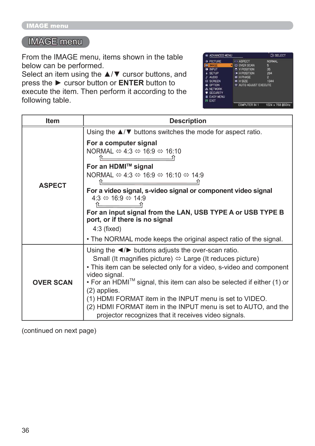 Apple CP-X2521WN, CP-X3021WN, CP-X2021WN user manual Image menu, For a computer signal, For an Hdmitm signal 