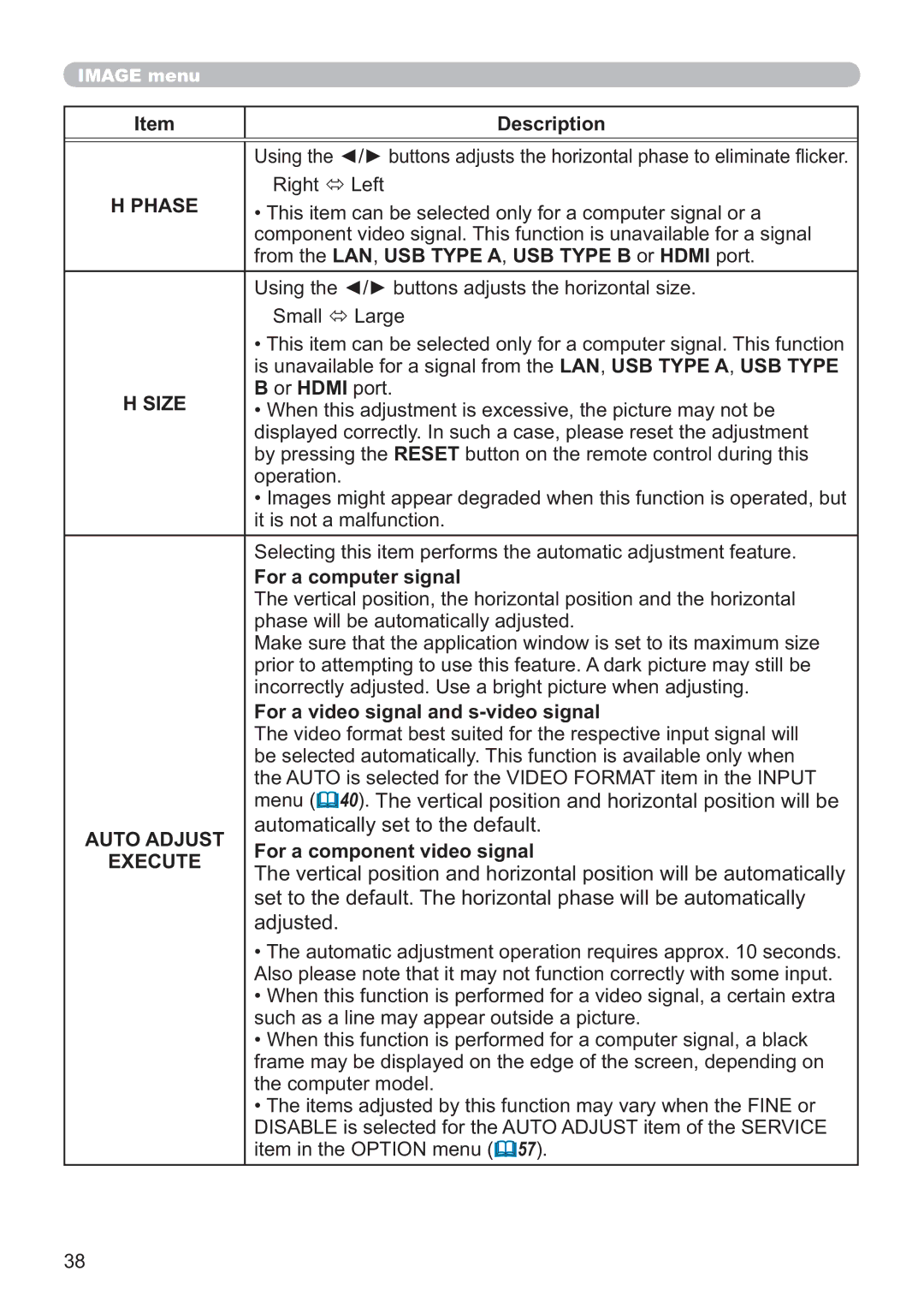 Apple CP-X2021WN, CP-X2521WN, CP-X3021WN user manual Phase, Size, Auto Adjust, Execute 