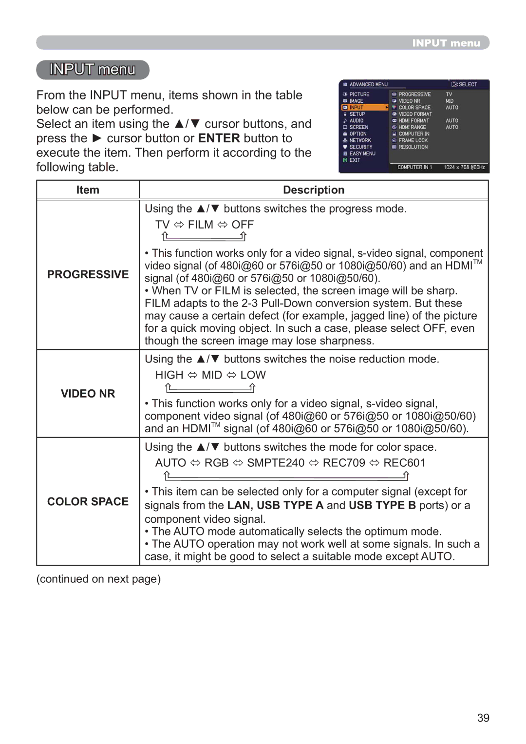 Apple CP-X2521WN, CP-X3021WN, CP-X2021WN user manual Input menu, TV Film OFF, High MID LOW, Video NR 