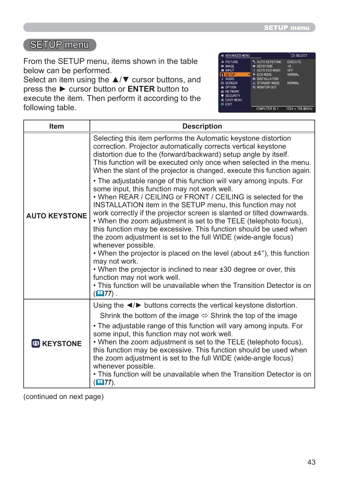 Apple CP-X3021WN, CP-X2521WN, CP-X2021WN user manual Setup menu, Auto Keystone 