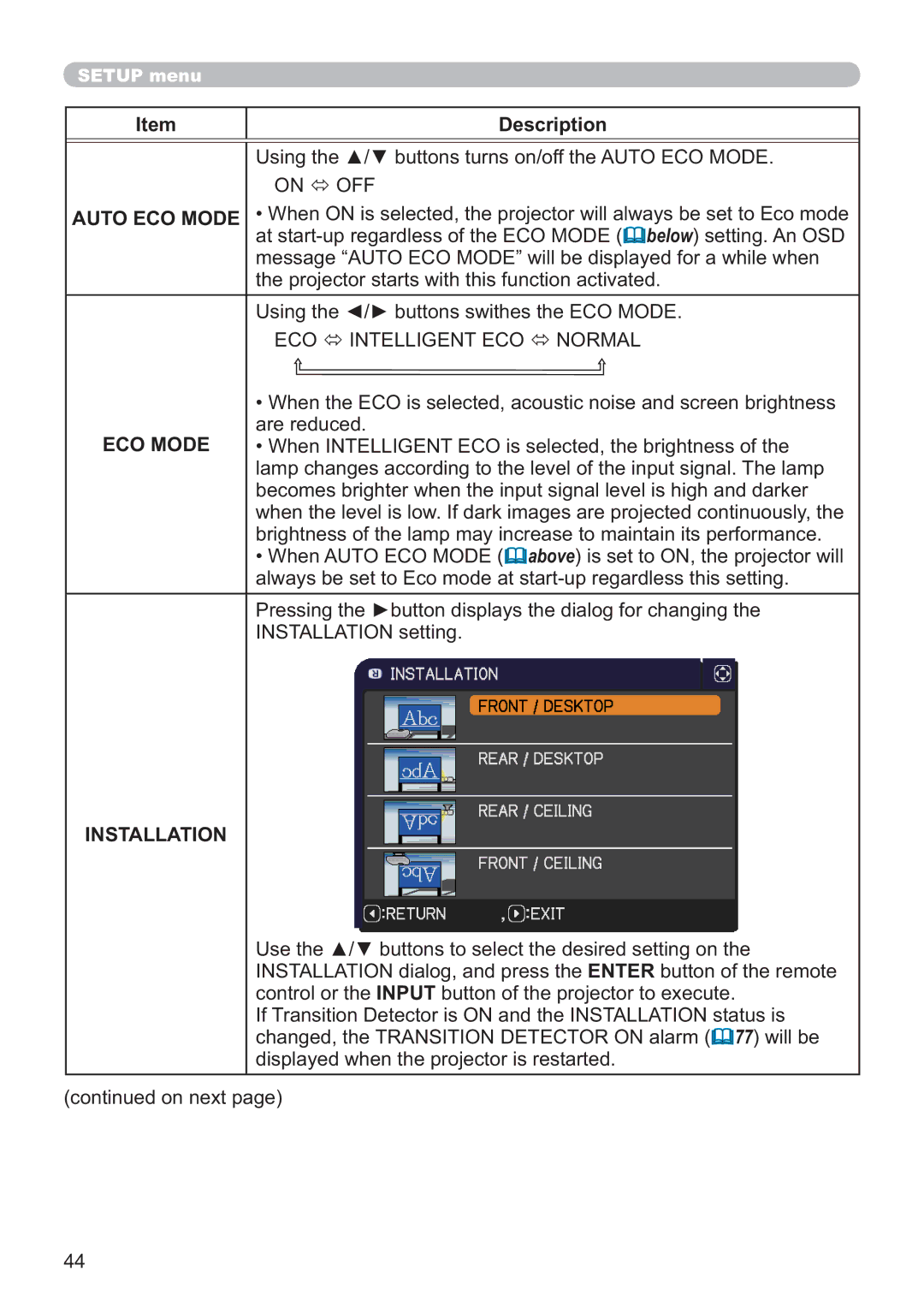 Apple CP-X2021WN, CP-X2521WN, CP-X3021WN user manual Auto ECO Mode, ECO Intelligent ECO Normal 