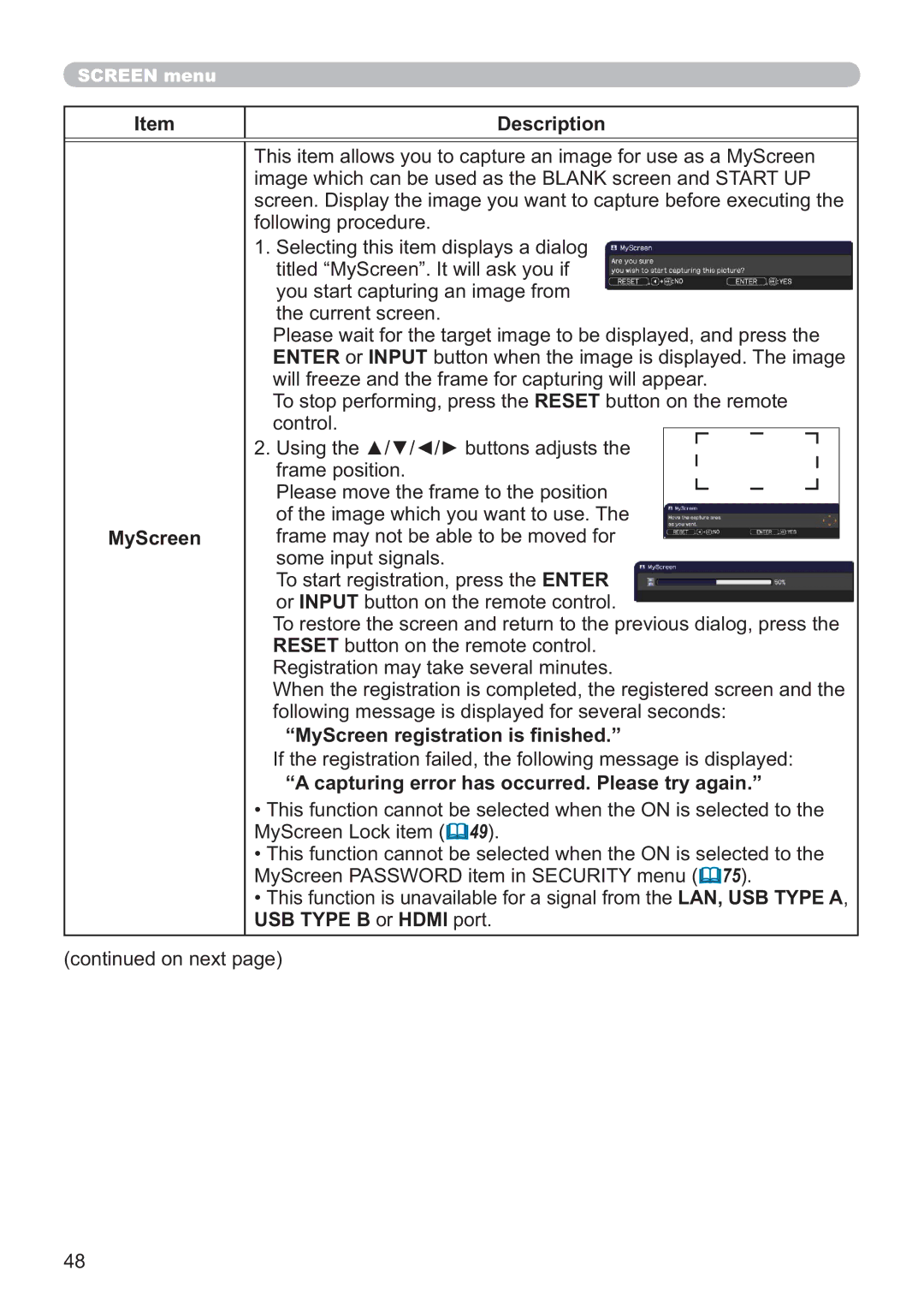 Apple CP-X2521WN Description MyScreen, MyScreen registration is ﬁnished, Capturing error has occurred. Please try again 