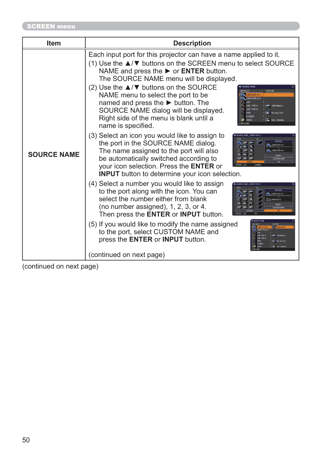 Apple CP-X2021WN, CP-X2521WN, CP-X3021WN user manual Source Name 