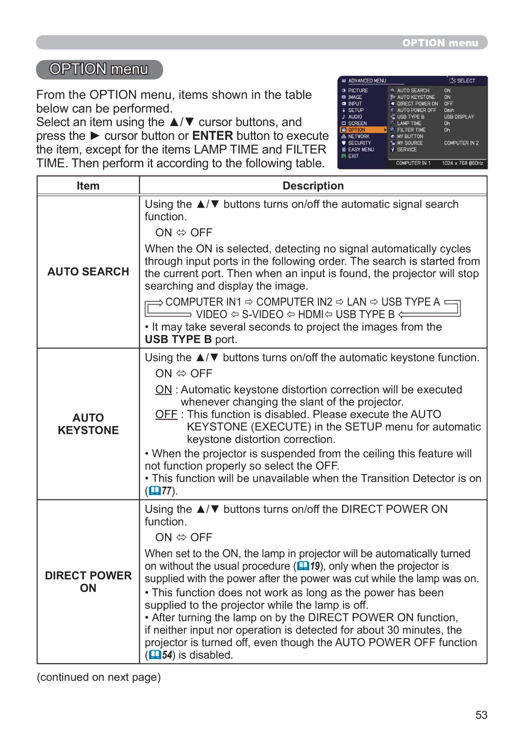 Apple CP-X2021WN, CP-X2521WN, CP-X3021WN user manual Option menu, Auto Search, USB Type B port, Direct Power 