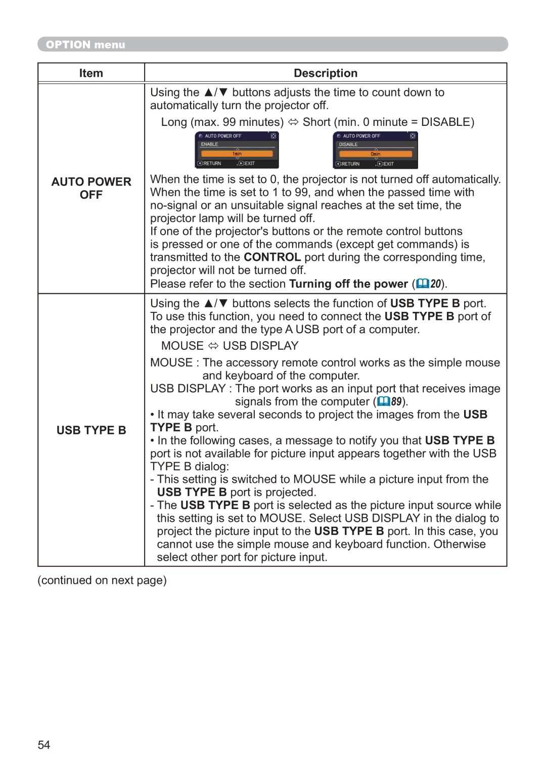 Apple CP-X2521WN, CP-X3021WN, CP-X2021WN user manual Auto Power, Off, Mouse USB Display, USB Type B, Type B port 