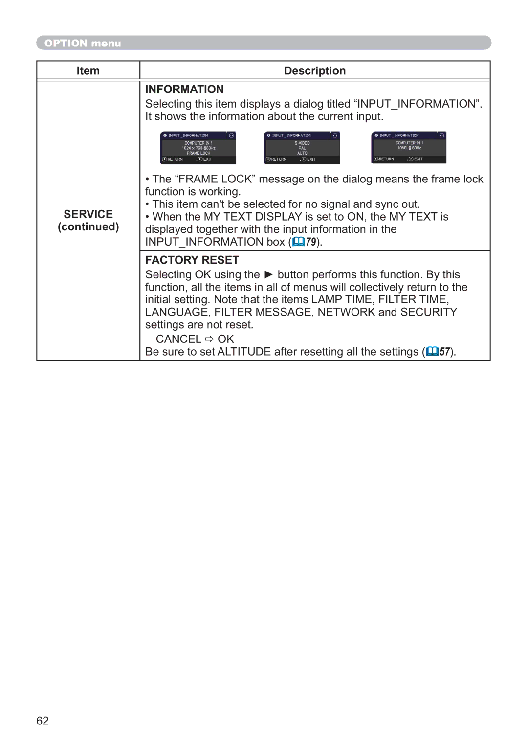 Apple CP-X2021WN, CP-X2521WN, CP-X3021WN user manual Information, Factory Reset 