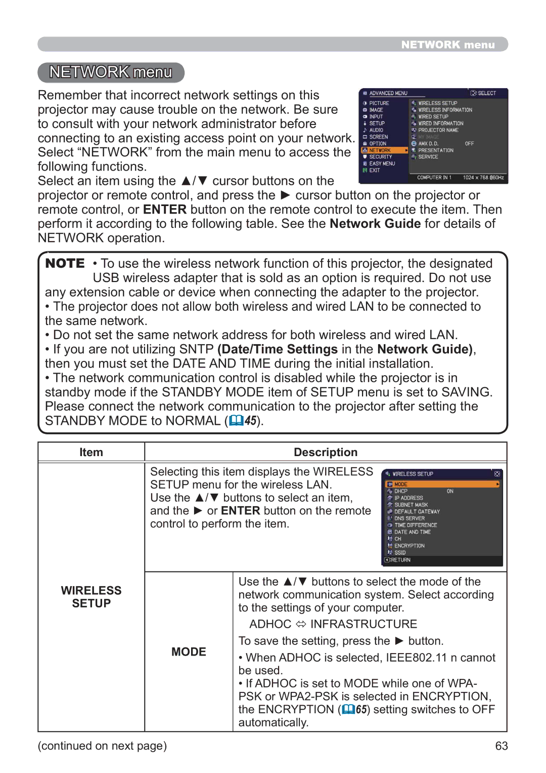 Apple CP-X2521WN, CP-X3021WN, CP-X2021WN user manual Network menu, Wireless Setup, Adhoc Infrastructure 